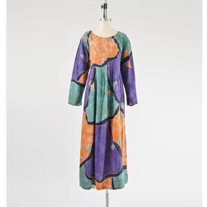 Vintage Abstract Batik Print Boho Rayon Maxi Dress Green Purple Gold M